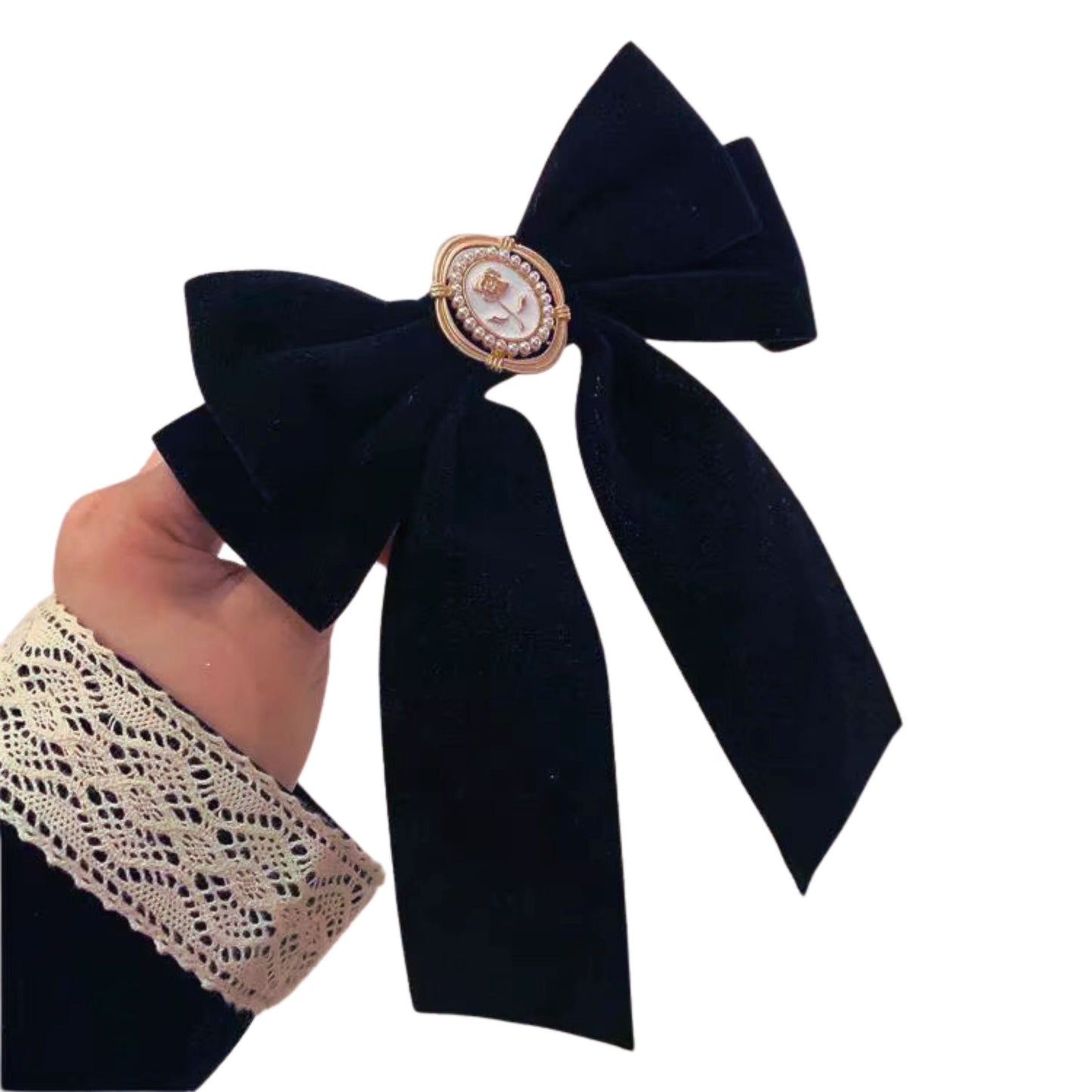 Black Velvet Cameo Hair Clip Bow