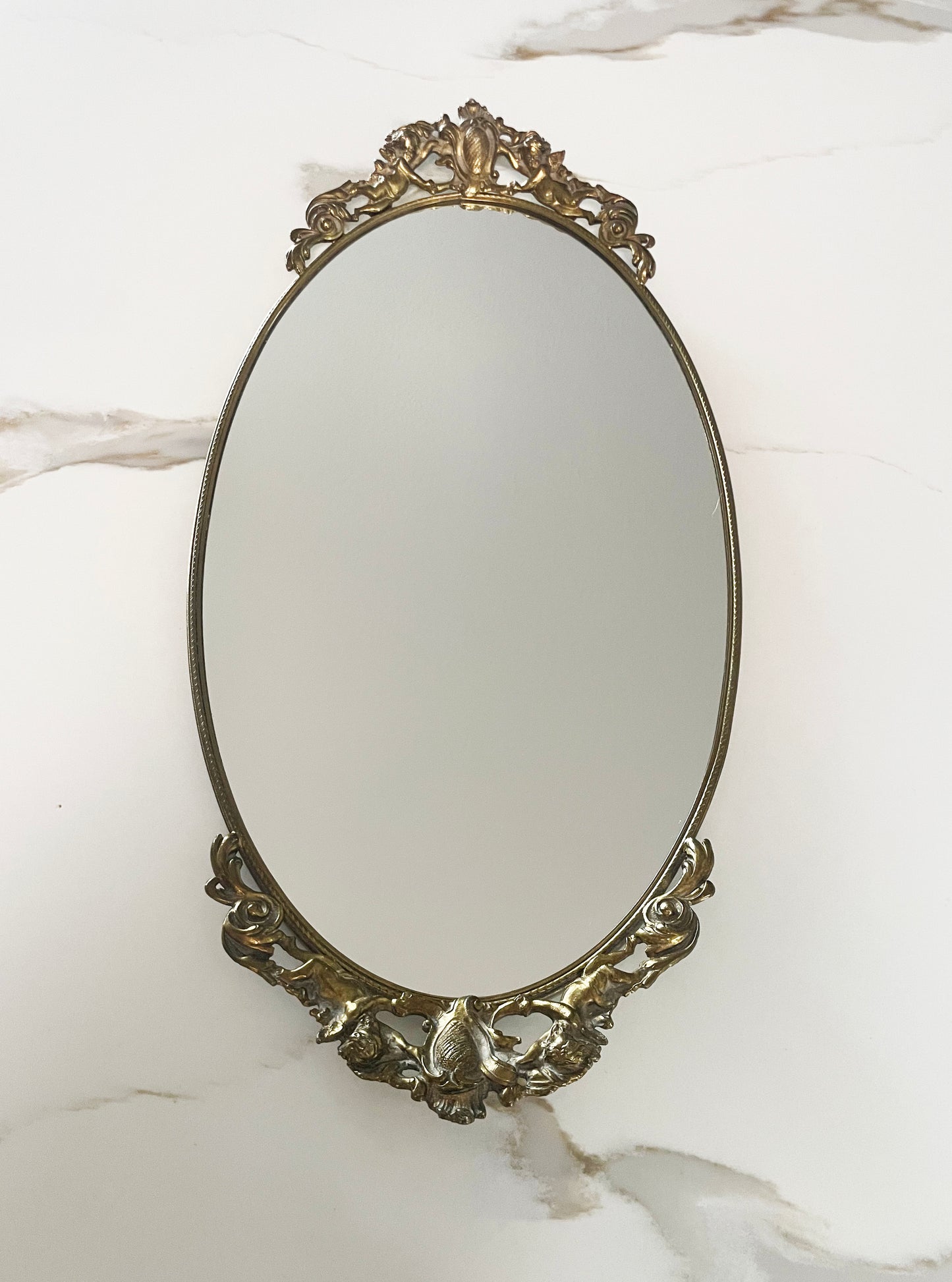 Vintage Cherub Mirror Vanity Tray – Gold Rococo Oval Display