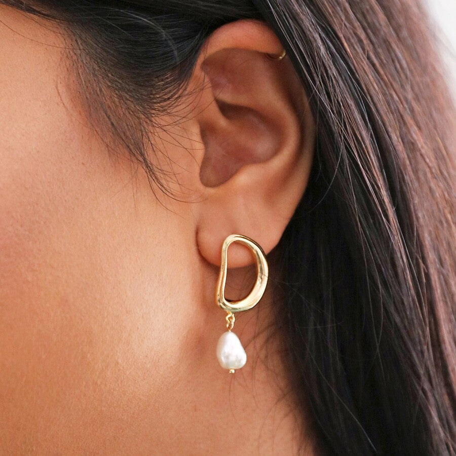 Organic Circle Pearl Drop Earrings, Gold Plated Brass
