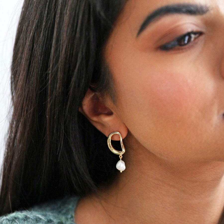 Organic Circle Pearl Drop Earrings, Gold Plated Brass