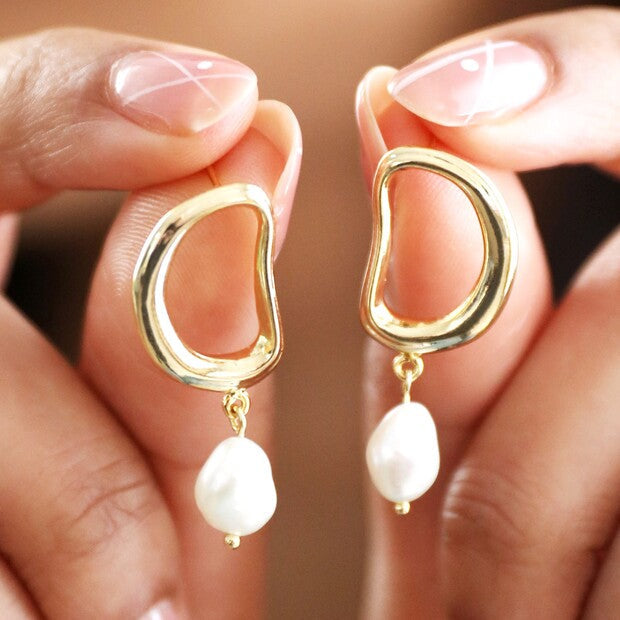Organic Circle Pearl Drop Earrings, Gold Plated Brass