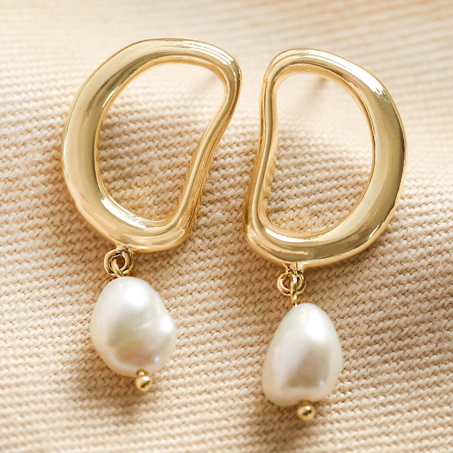 Organic Circle Pearl Drop Earrings, Gold Plated Brass