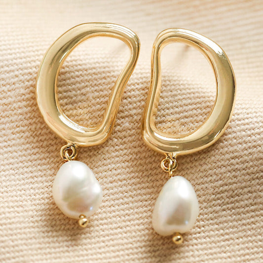 Organic Circle Pearl Drop Earrings, Gold Plated Brass